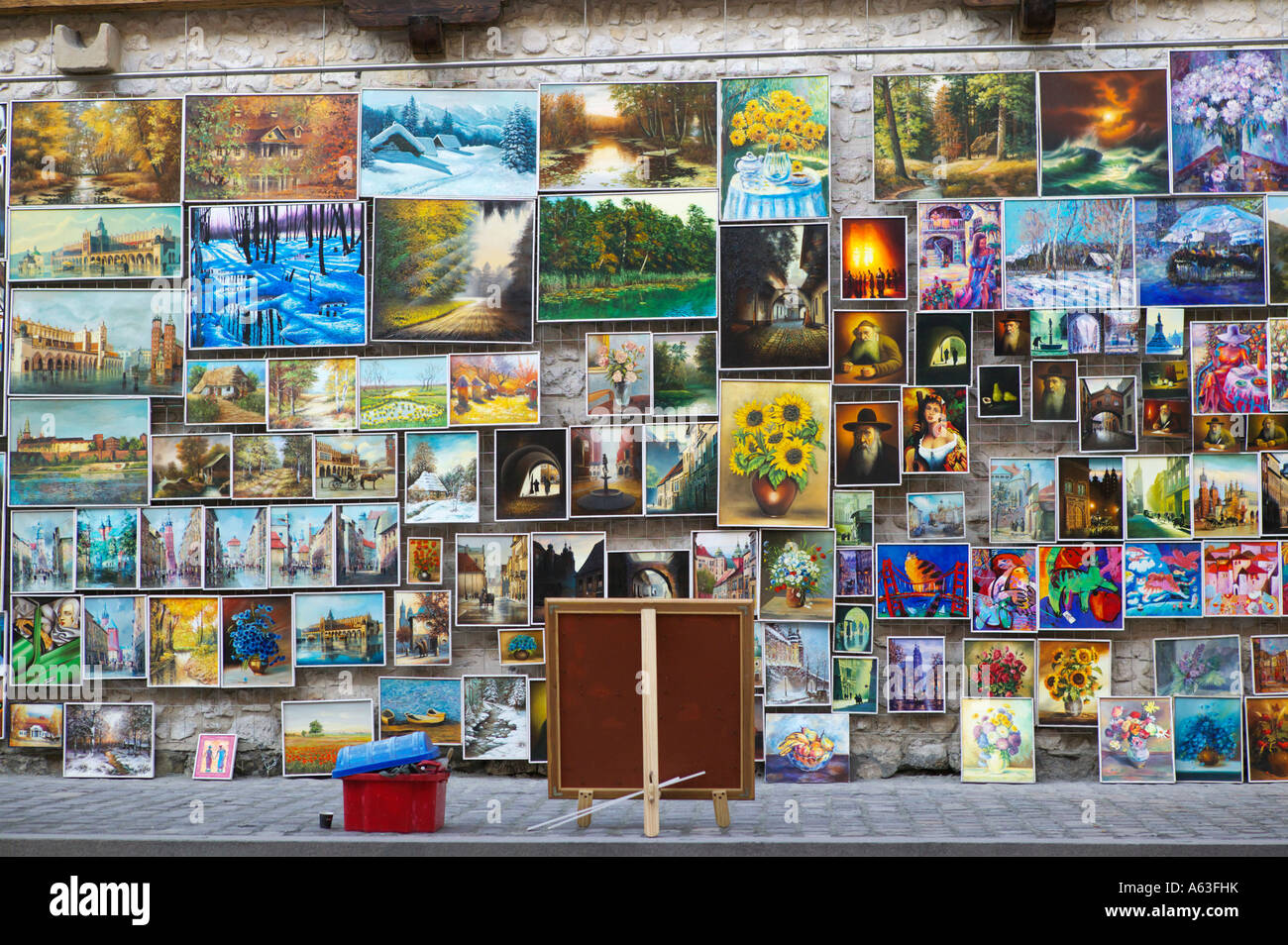 Display of paintings on the old city wall of Krakow, Poland Stock Photo