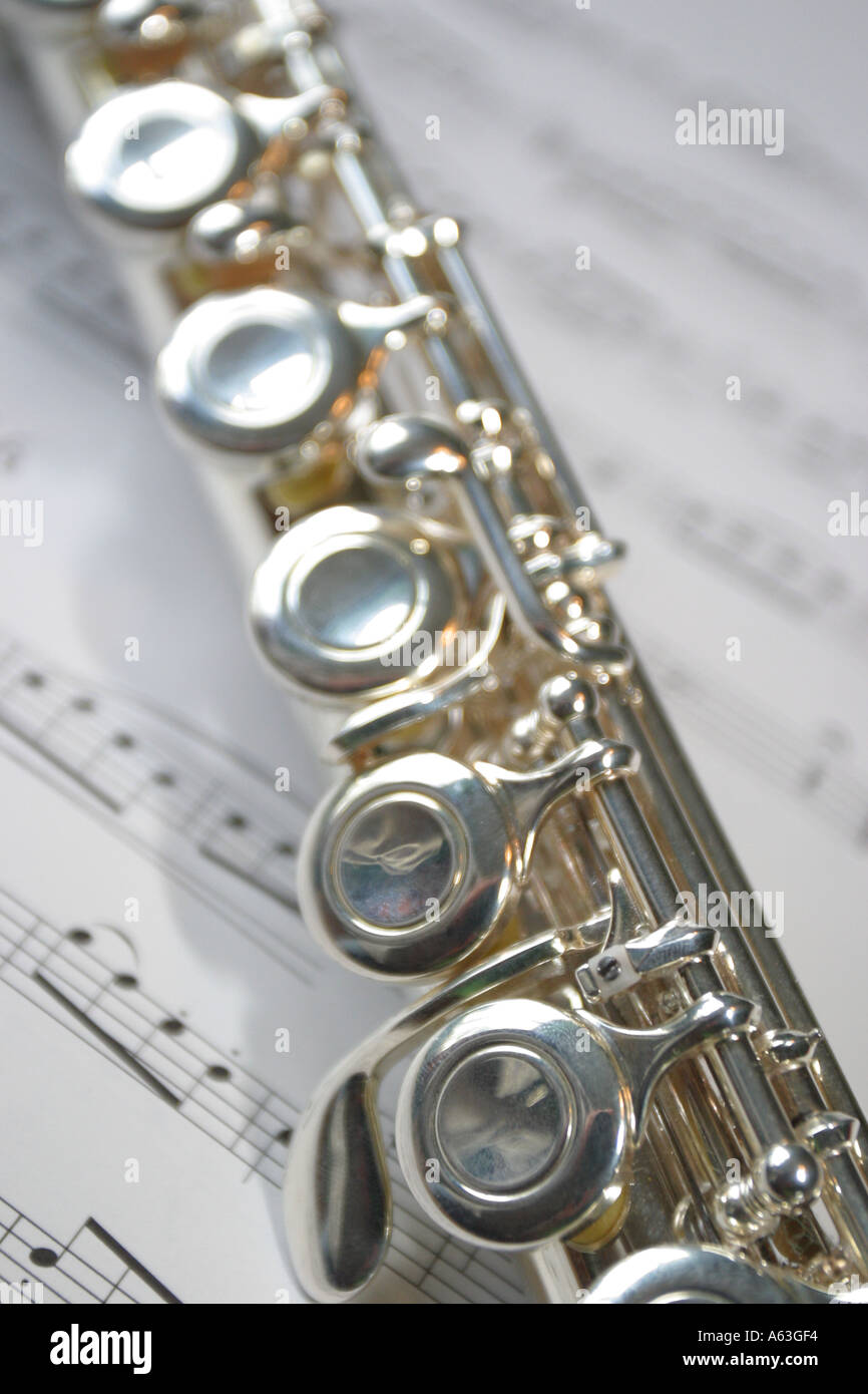 Flute musical instrument close up of keys with sheet music background Stock  Photo - Alamy