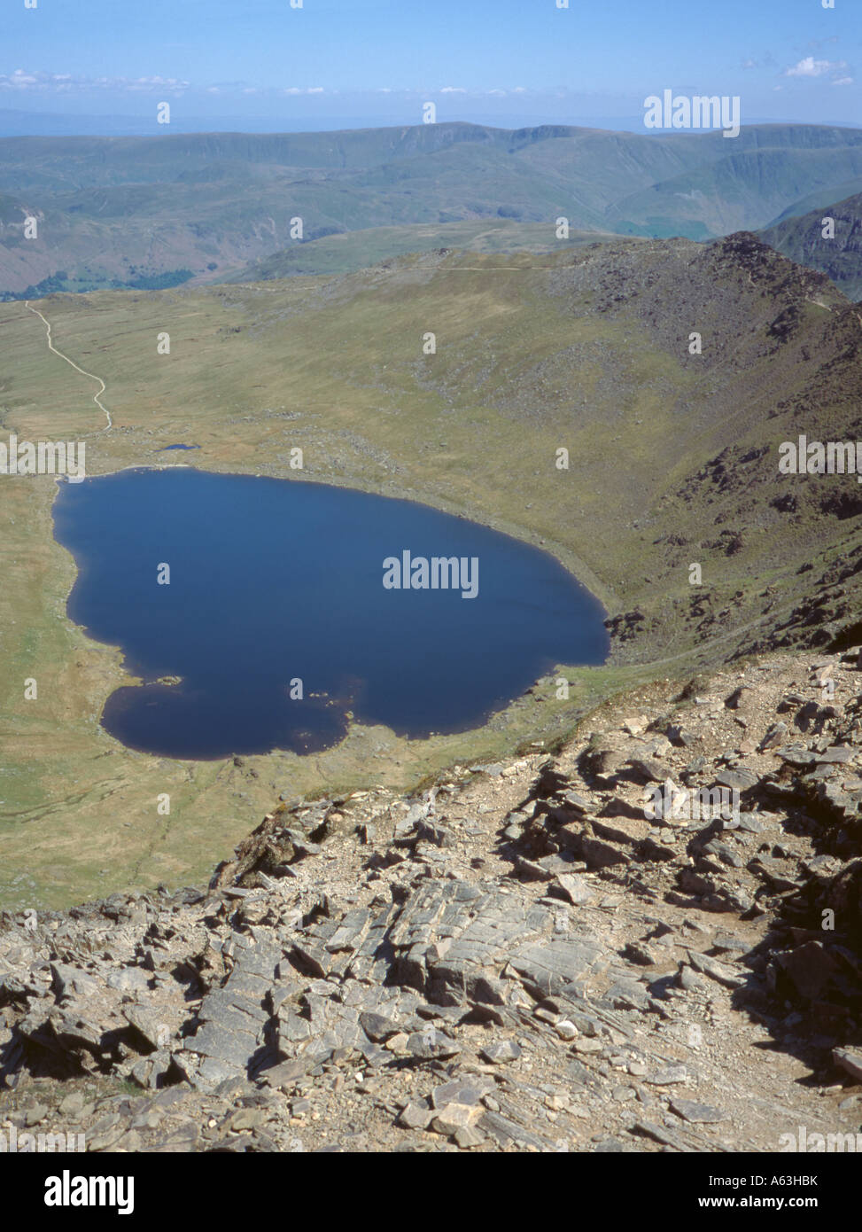 Glacially formed rock hollow filled by a tarn; Red Tarn seen from Swirral Edge, Helvellyn, Lake District, Cumbria, England, UK. Stock Photo