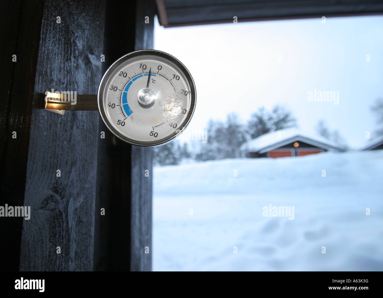Thermometer measures the cold outside temperature in Norway Stock Photo