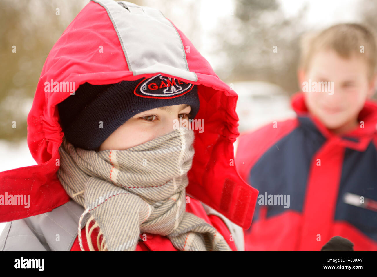 portrait of a young boy dressed up properly for the winter Stock Photo