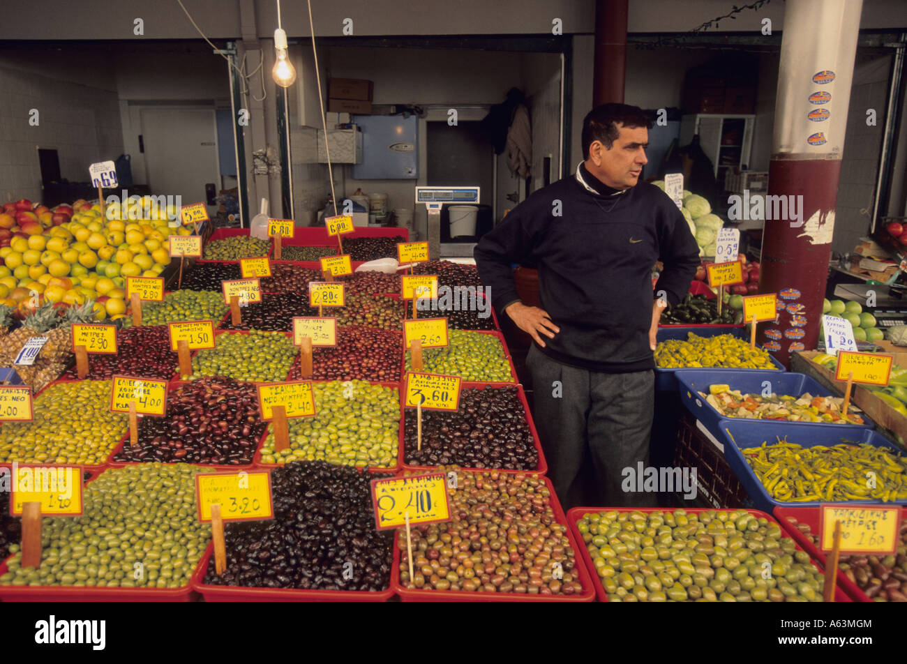 Olives for sale at a market stall in Athens, Greece Stock Photo - Alamy