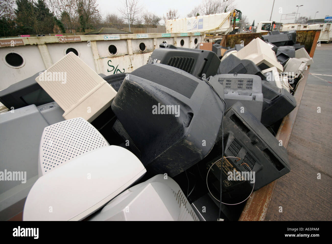 old computer monitors thrown into skip at local recycling yard Stock ...