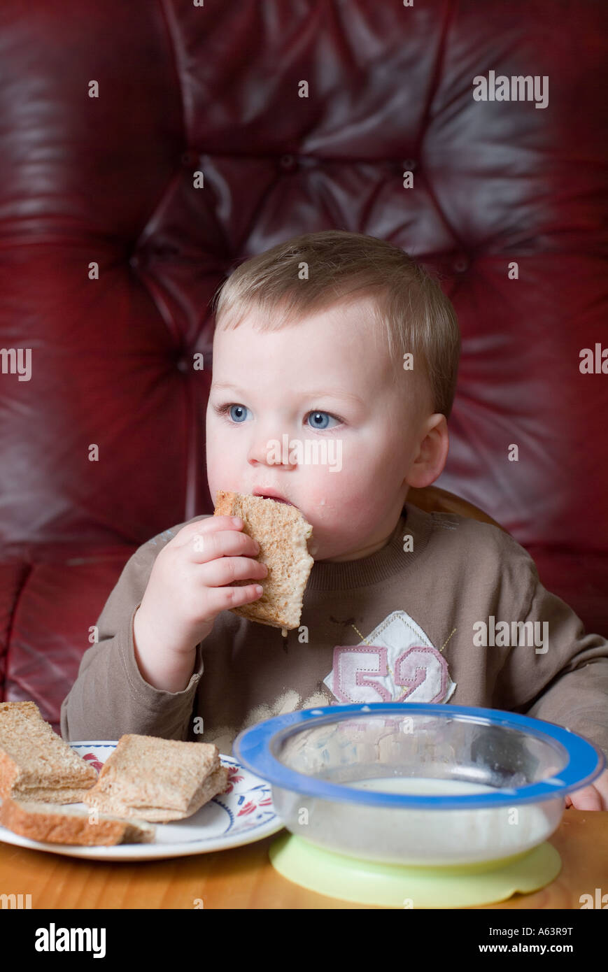 2 year old boy eating at home Stock Photo