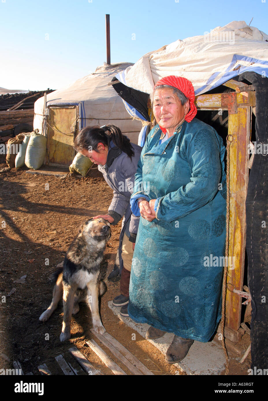 Mongolia - nomads in front of a traditional ger in the stepps Stock ...