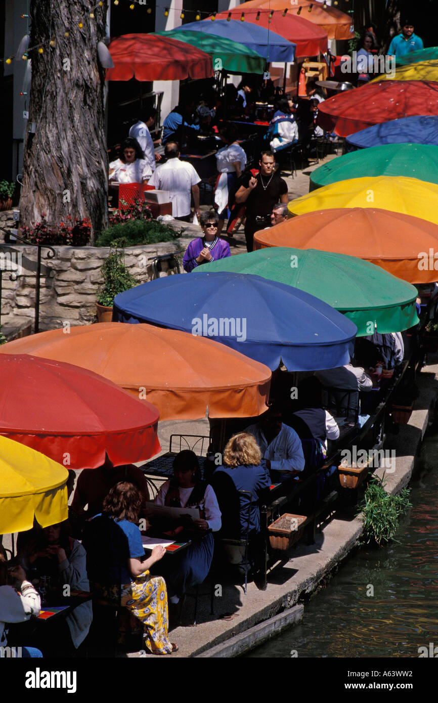 Outdoor Dining Under Colorful Umbrellas At The Riverwalk On San Antonio
