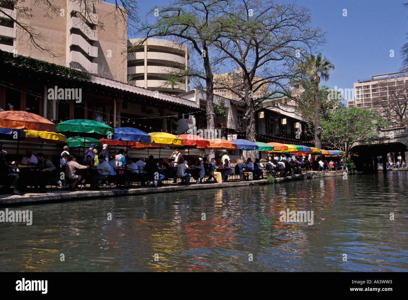 Outdoor Dining Under Colorful Umbrellas At The Riverwalk On San Antonio