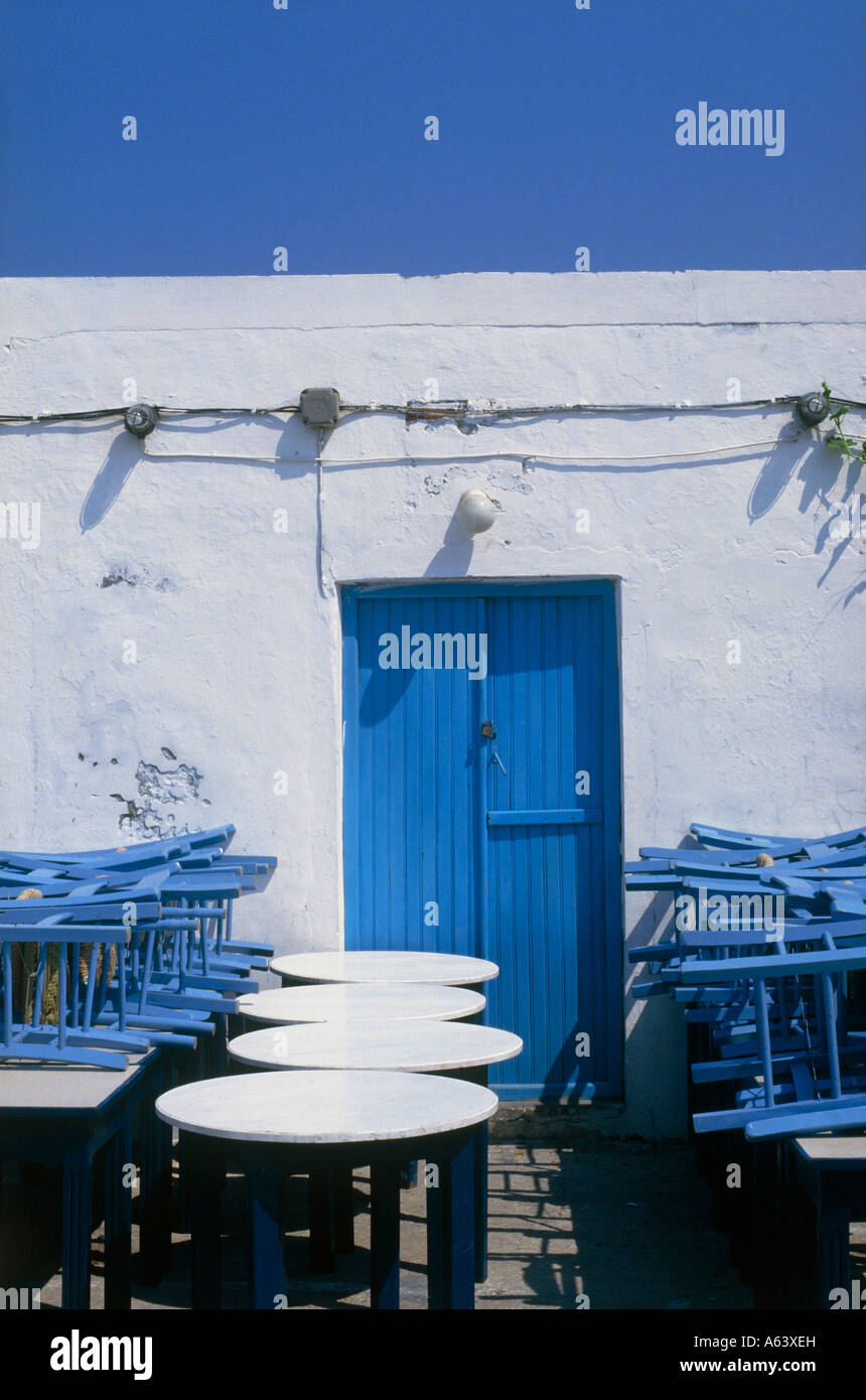 closed sidewalk restaurant out of season island of paros islands of kyclades greece Stock Photo