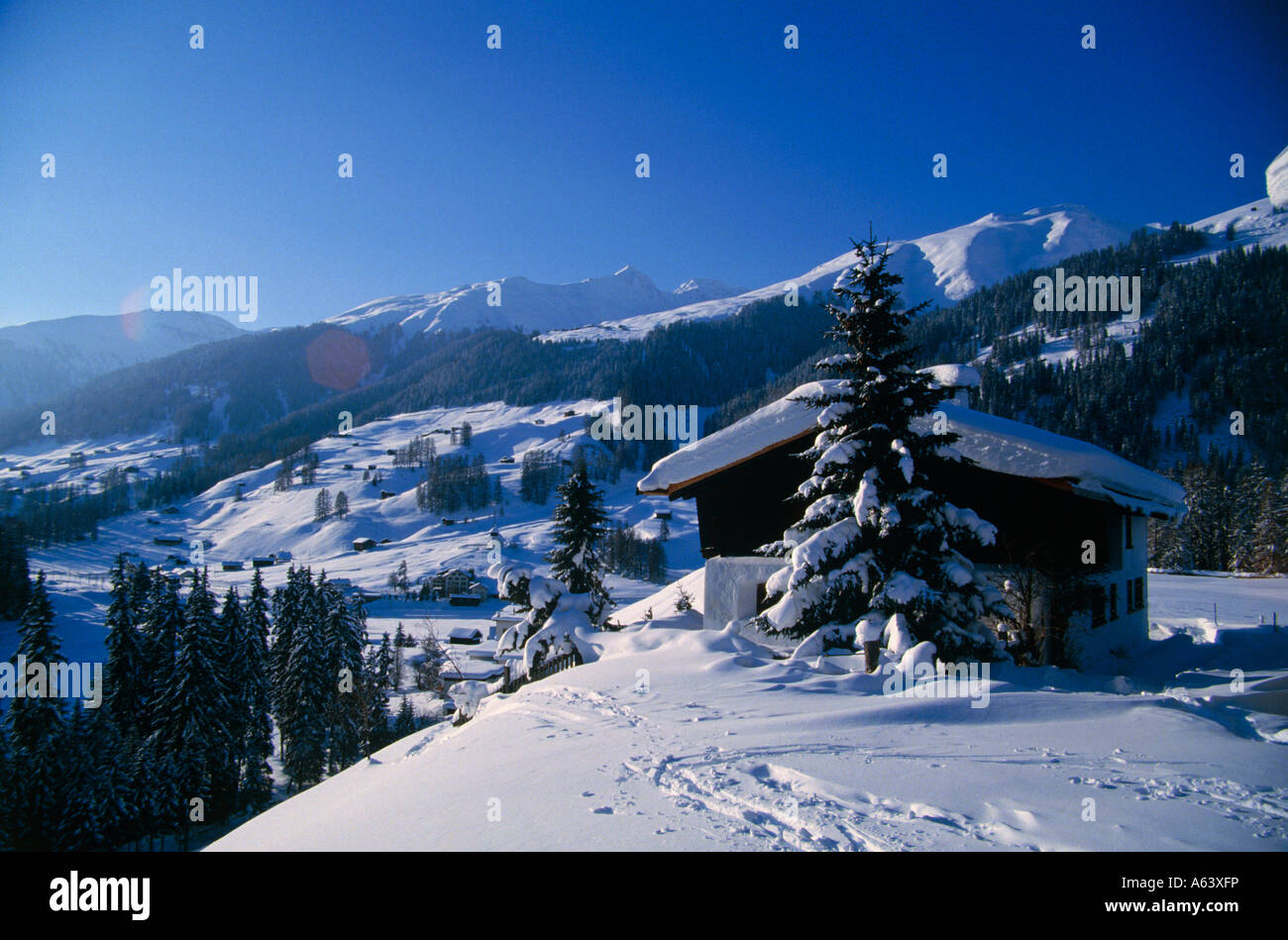 Snow Covered Scenery Hamlet Of Davos Frauenkirch Landwasser Valley