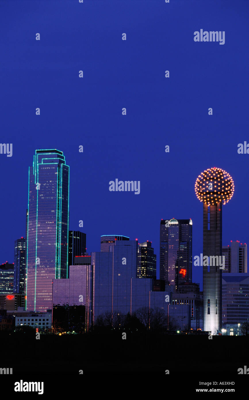 Dallas Texas Skyline At Dusk With Reunion Tower And Neon Light Outlined Nations Bank Building Stock Photo