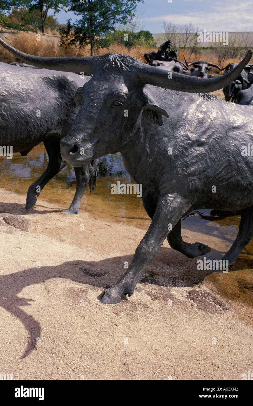 Texas Longhorn Cattle Sculpture At Pioneer Plaza Near The Dallas