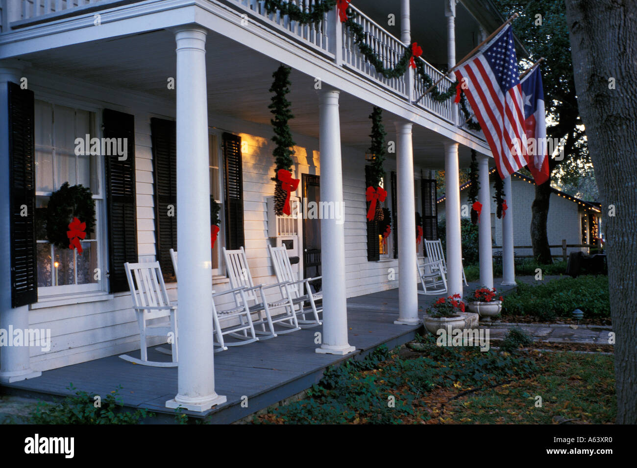 Texas Salado Christmas Decorations And White Wooden Rocking Chairs