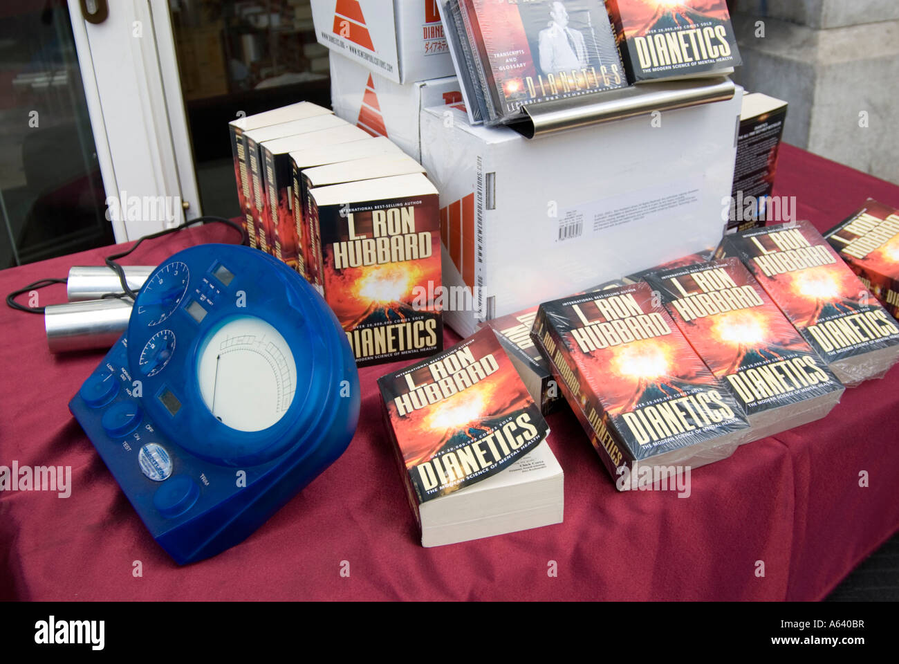 E Meter and Dianetics book by L Ron Hubbard at the Scientology centre,  London, England, UK Stock Photo - Alamy