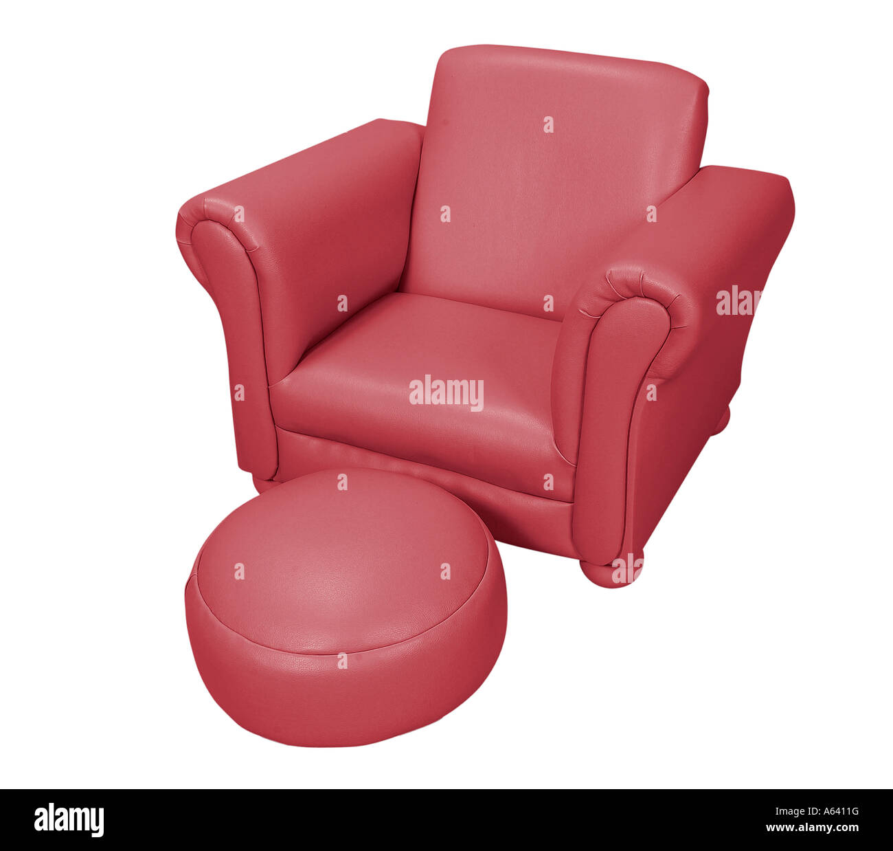 Red Leather Chair Seat With Foot Stool And White Background Studio Still  Life Stock Photo - Alamy