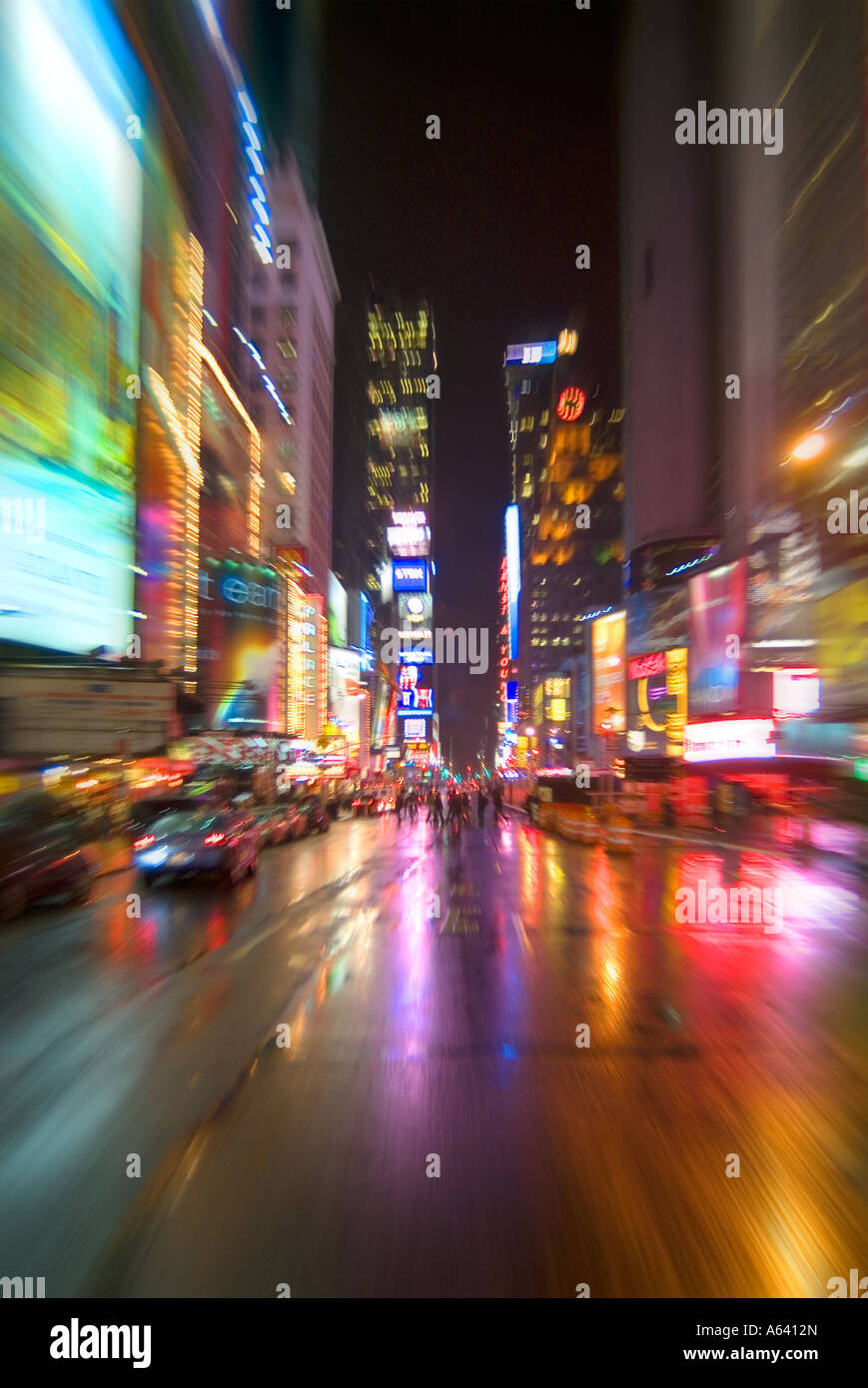Times square reflection dusk wet rain new york hi-res stock