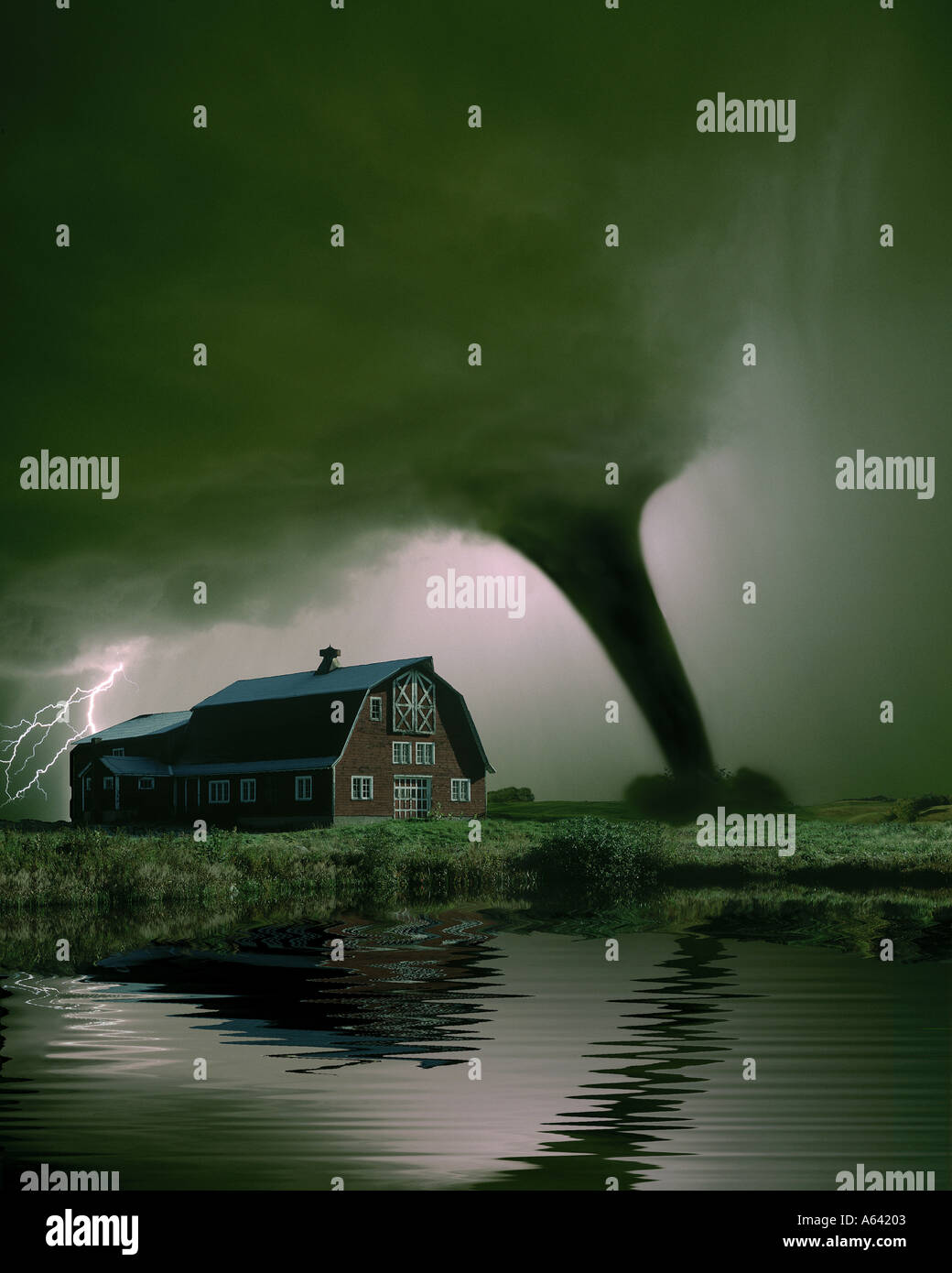 Tornado and severe weather conditions over farm Stock Photo
