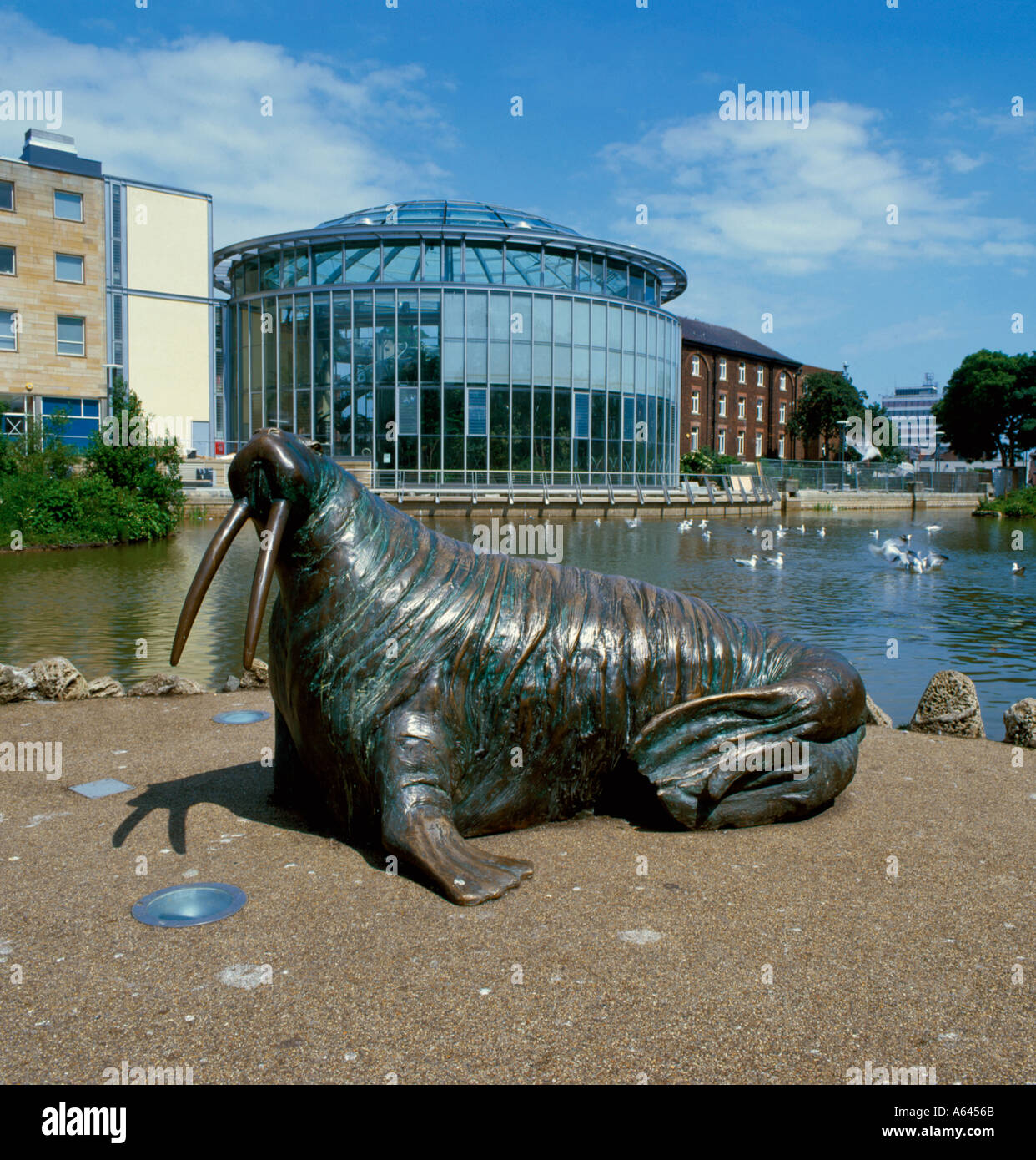 Bronze sculpture of Walrus with Winter Gardens beyond, Mowbray Park, Sunderland, Wearside, Tyne and Wear, England, UK. Stock Photo
