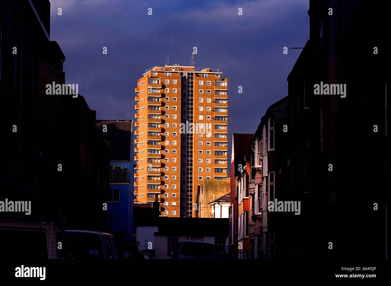 Flats in city centre catch the last sunshine of the day. Picture by Jim Holden. Stock Photo