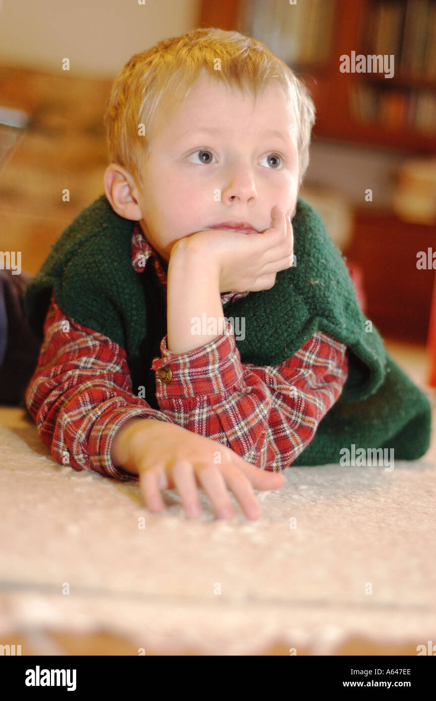 Five year old boy watching tv Stock Photo Alamy