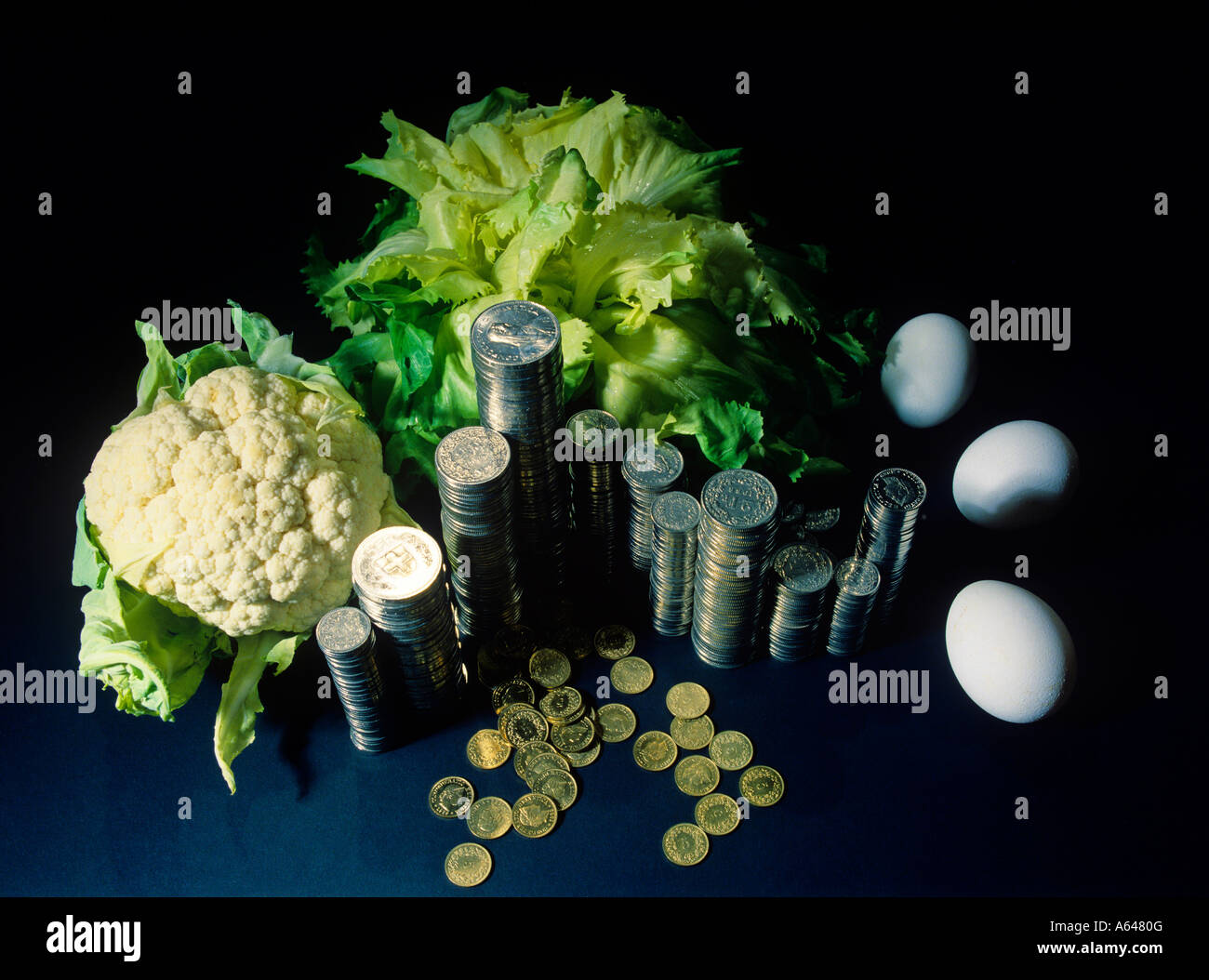 agricultural products swiss franks and cents switzerland symbolism of subsidy or organic food or biodynamic agriculture Stock Photo