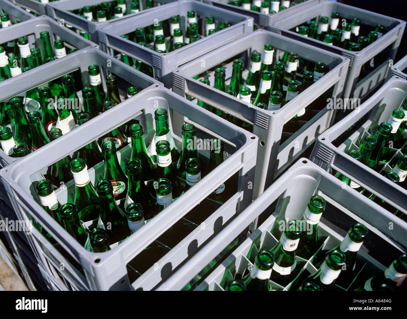 empty wine bottles in crates Stock Photo Alamy