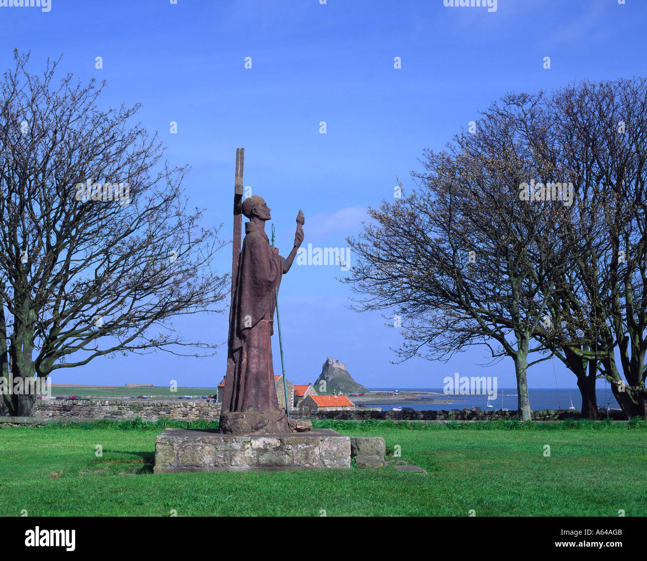 St Aidan's statue on Holy island Northumberland Stock Photo Alamy