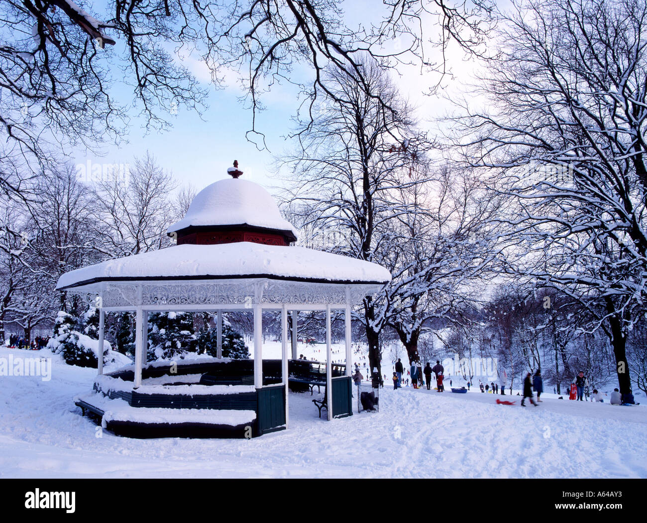 Snow covered Roundhay park in Leeds West Yorkshire Stock Photo
