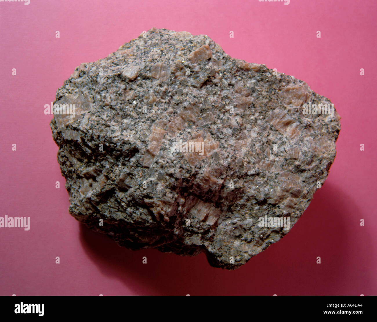 Granite; showing large pink feldspar crystals, grey mica and white