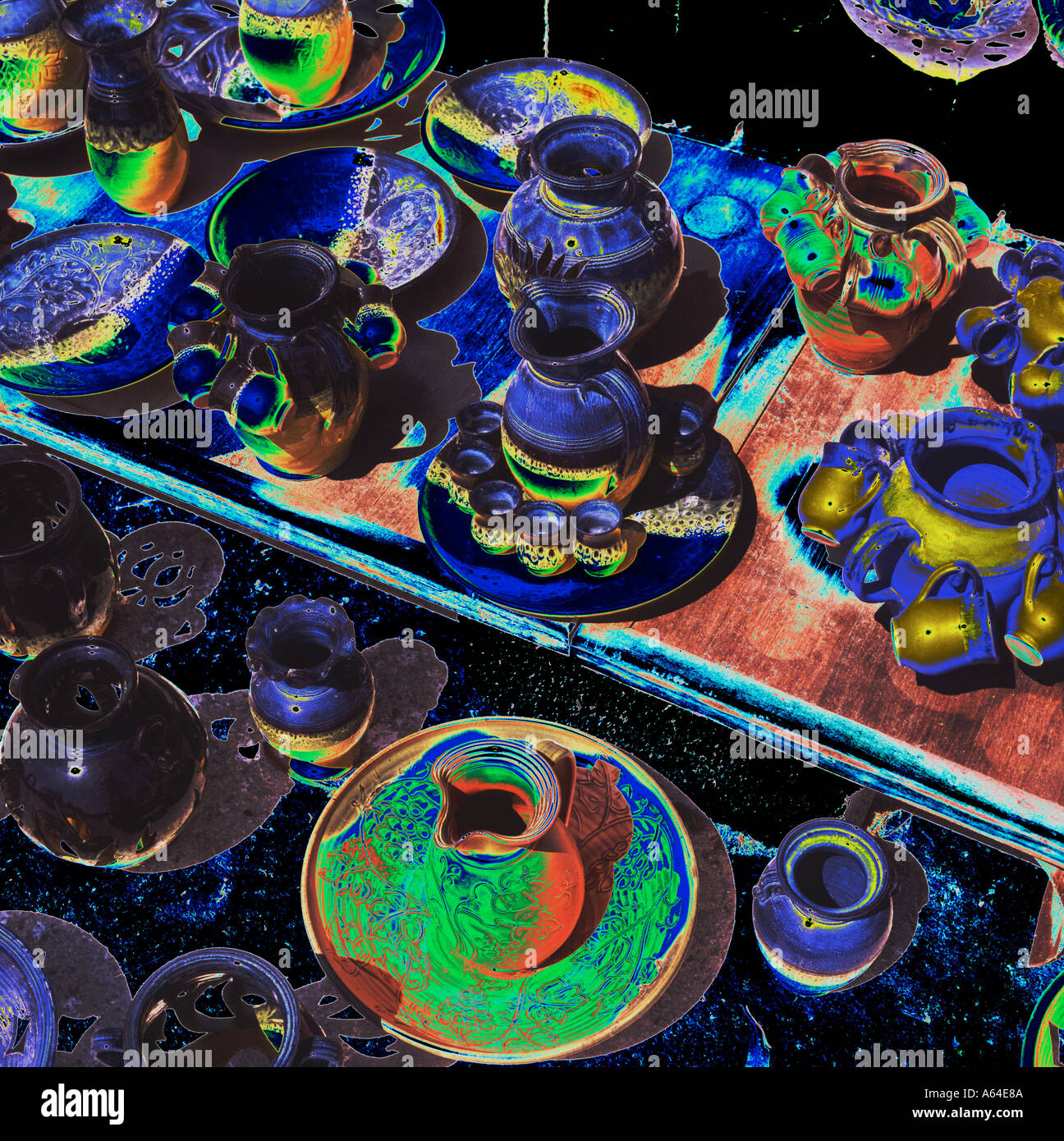 Effect photo of traditional pottery display on the floor and rough