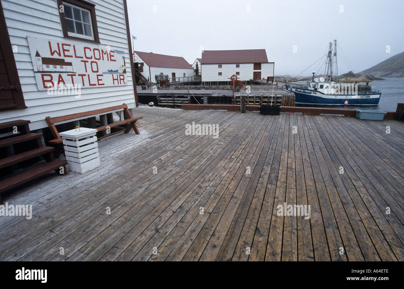 Historic ware houses in the harbour of Battle Harbour, Battle Harbour National Historic District, Labrador Stock Photo