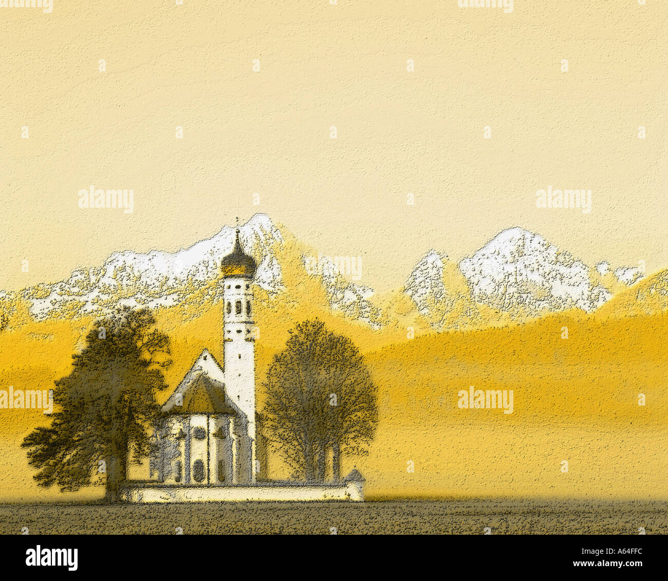 Artistic treatment of a small church in Bavaria, Germany with the Alps ...