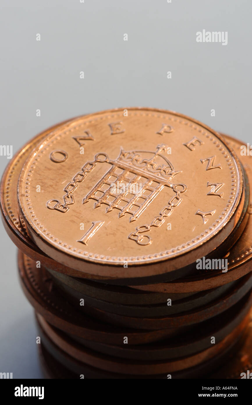 Penny coin pile stack 1p one penny Stock Photo