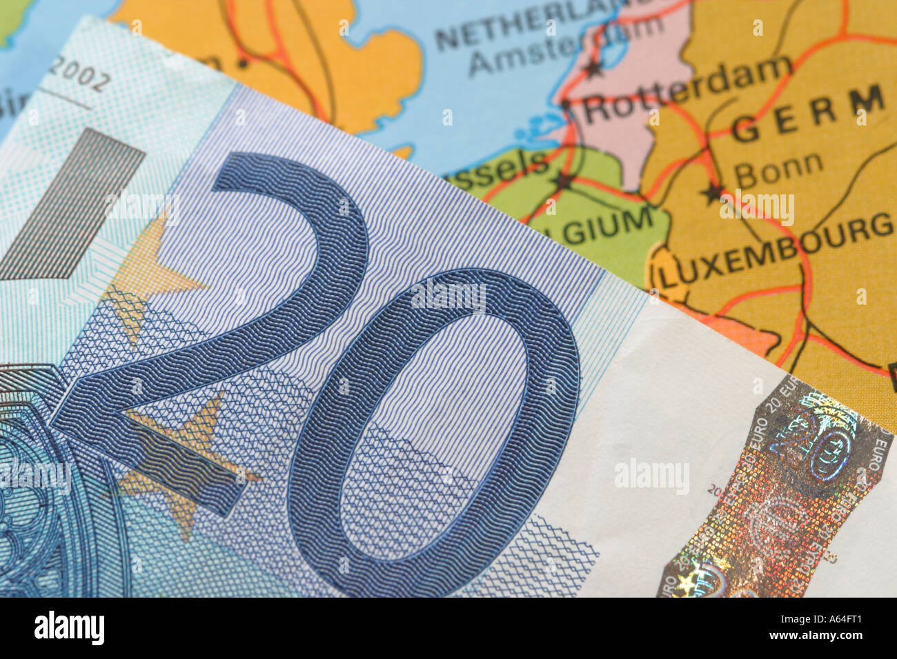 20 Euro bank note on map of Europe Stock Photo