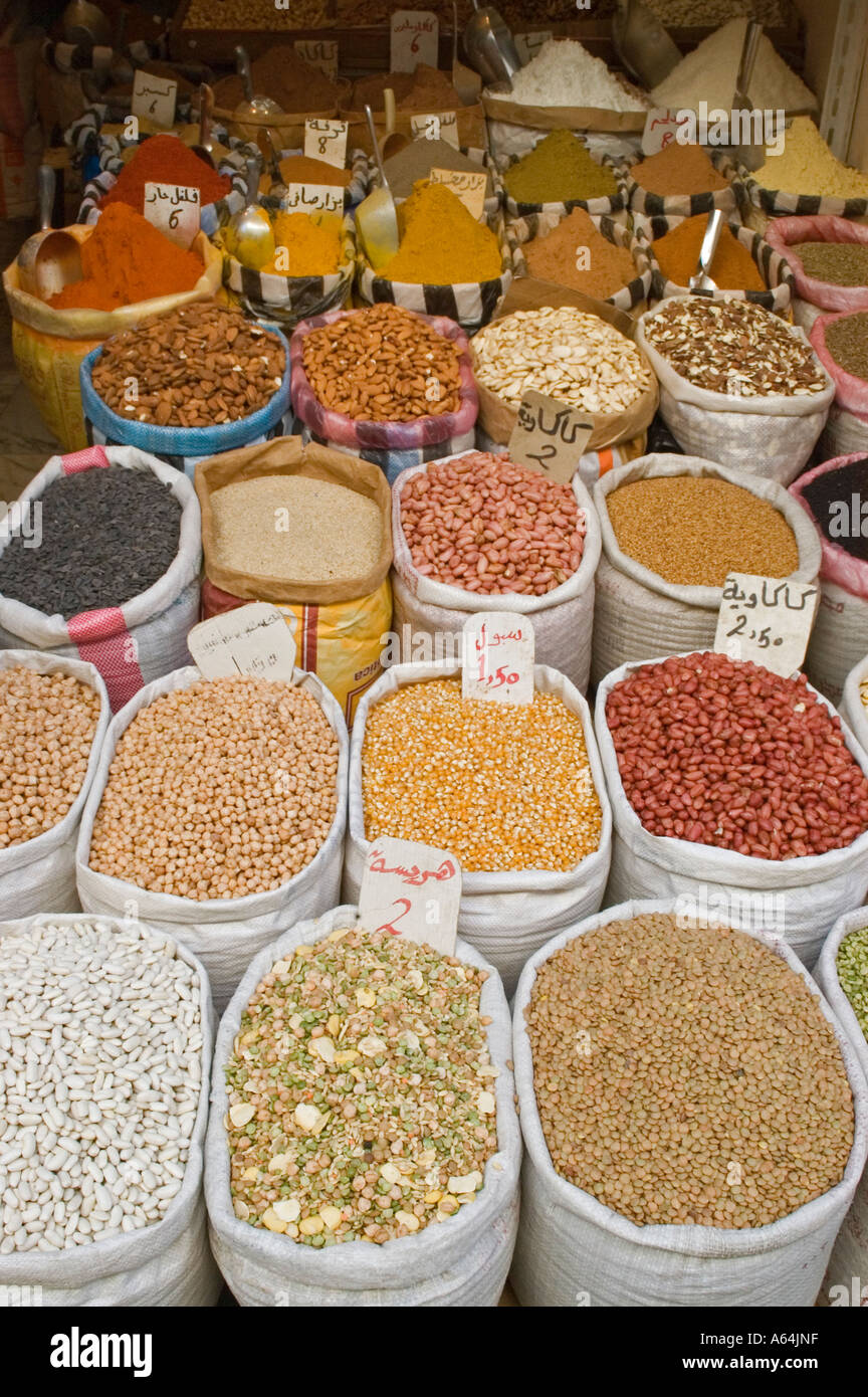 Colorful grain sacks in the bazar of Tripoli Stock Photo
