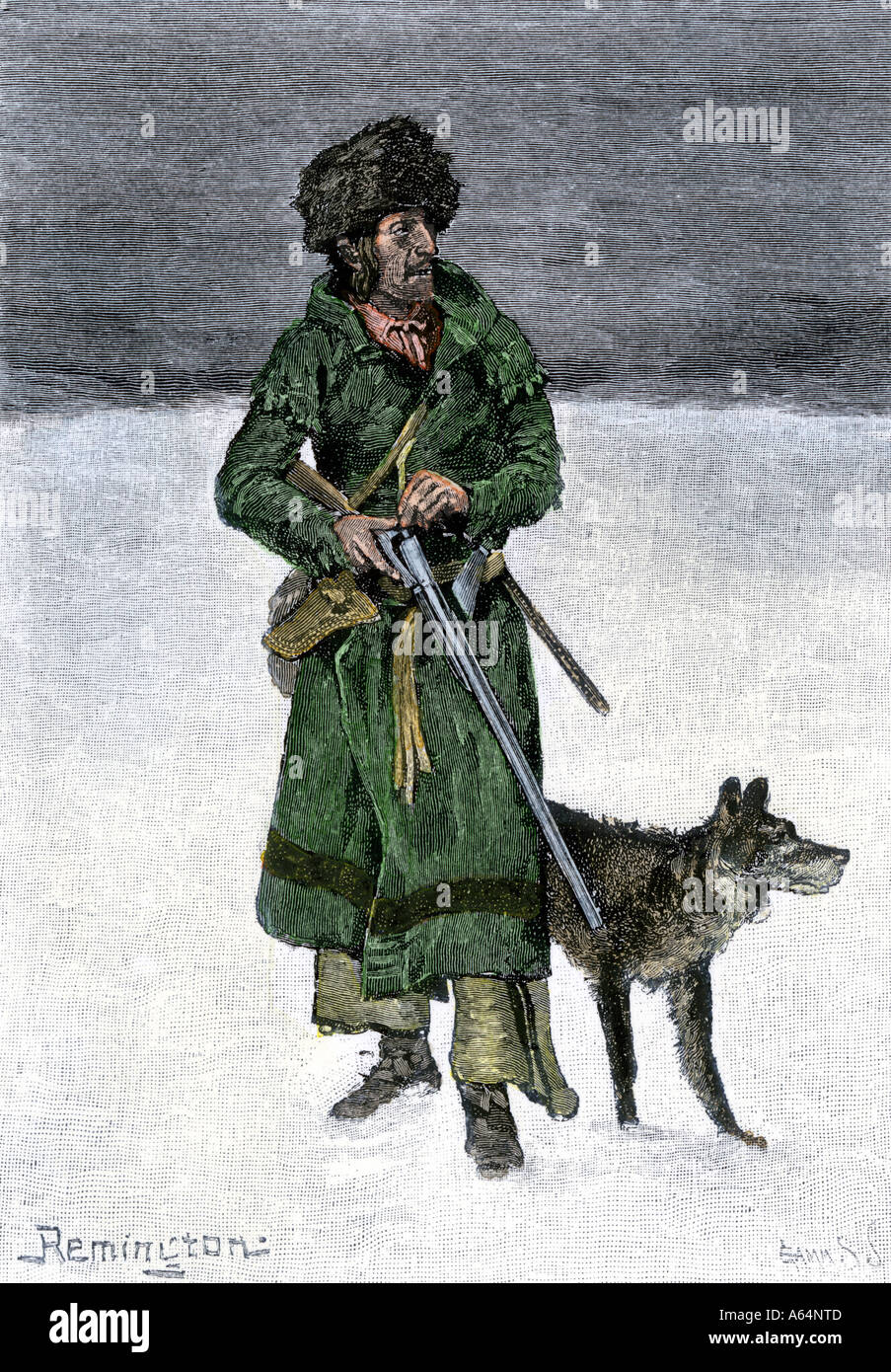 French-Canadian fur trapper in the snow. Hand-colored woodcut of a Frederic Remington illustration Stock Photo