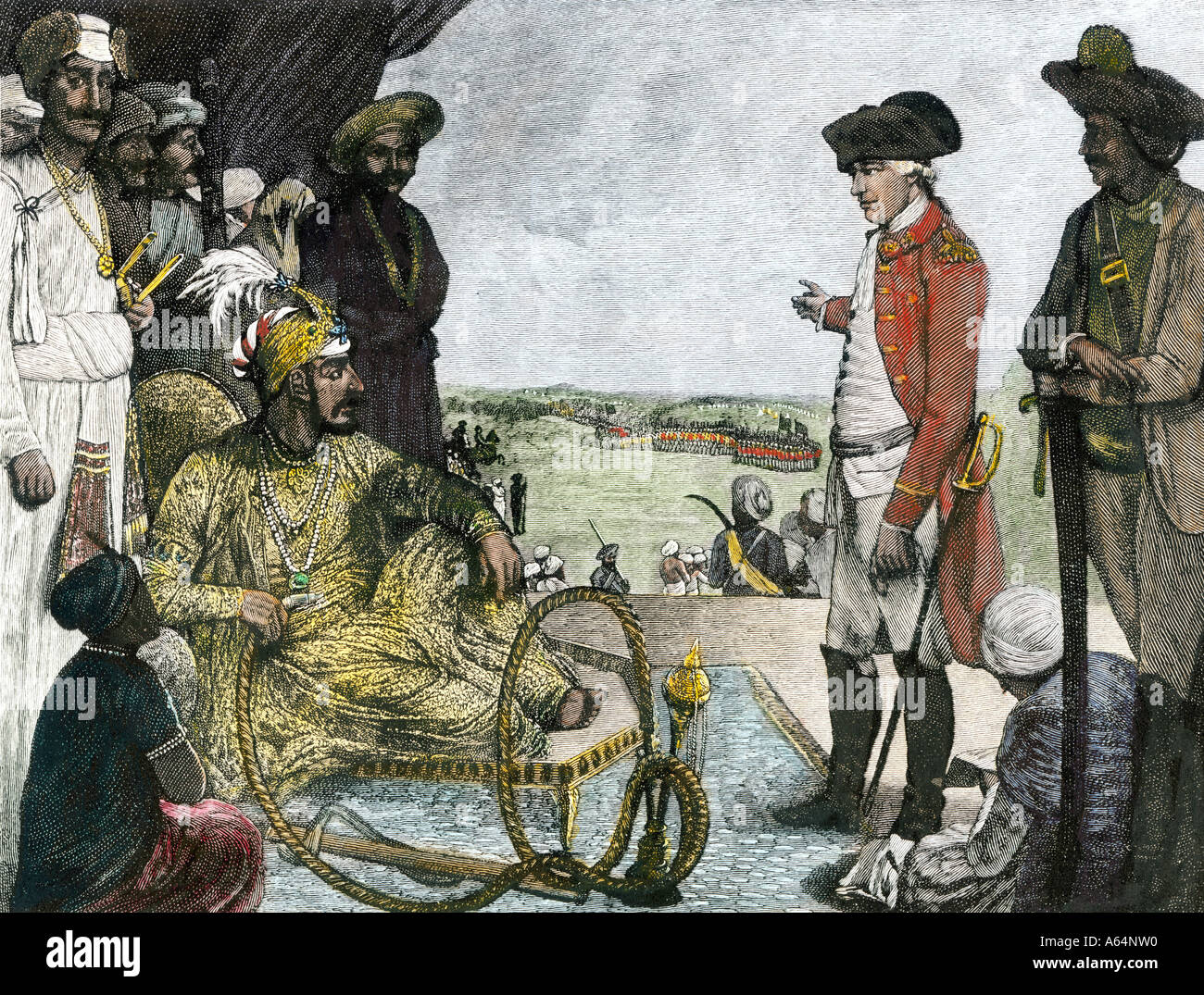 Shah Allum Mogul of Hindostan reviewing troops of the British East India Company 1781. Hand-colored woodcut Stock Photo