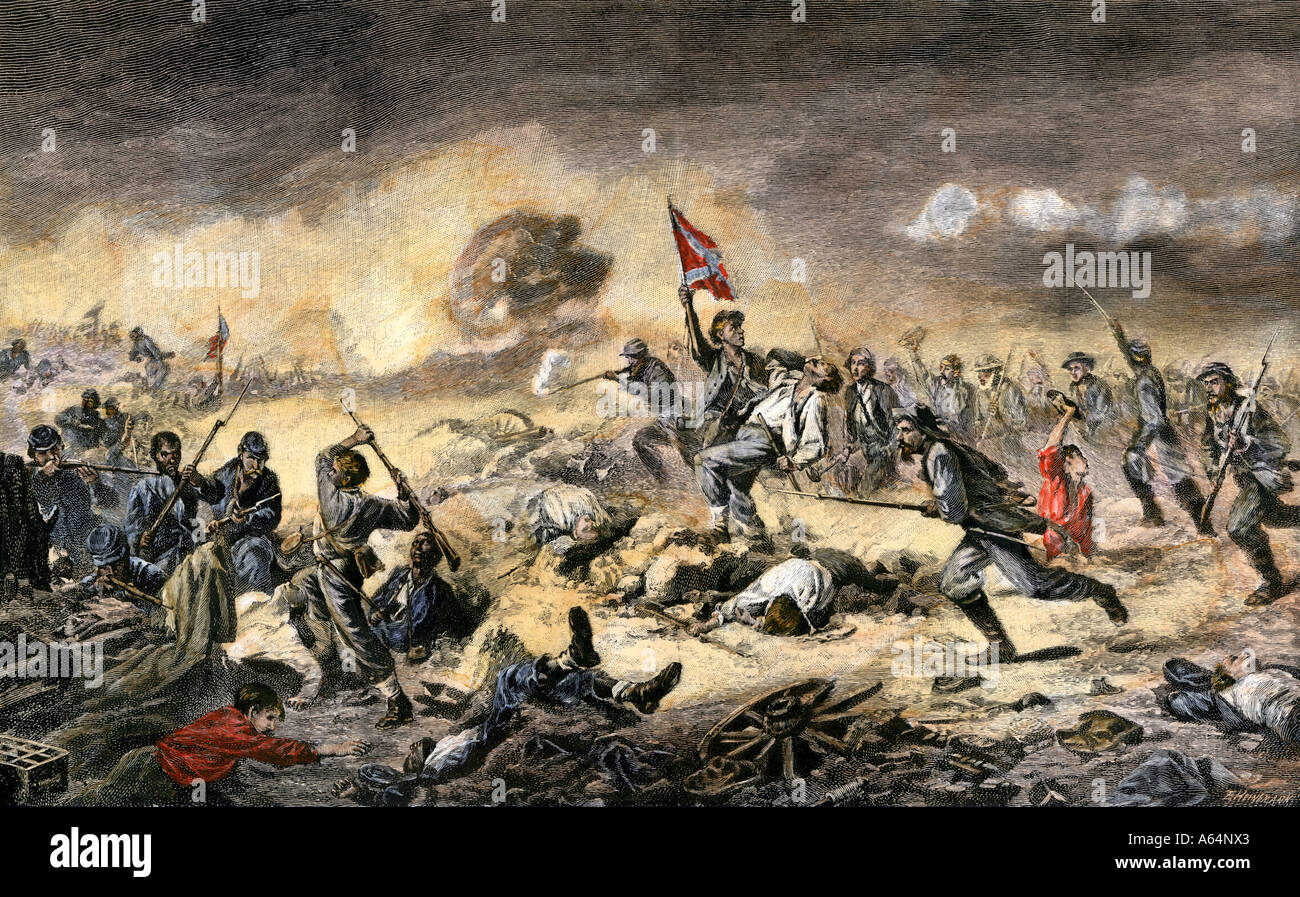 Confederate charge against black Union soldiers at the Battle of the Crater US Civil War. Hand-colored woodcut Stock Photo