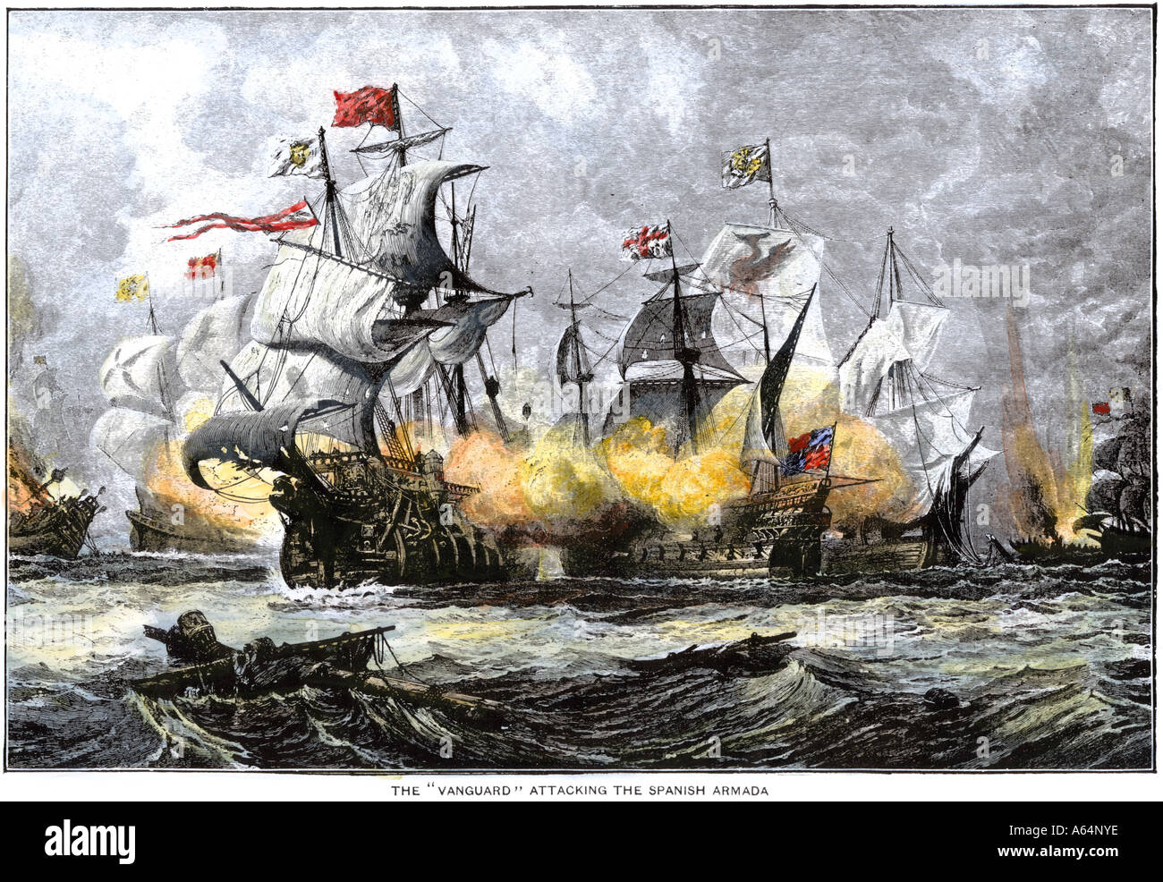 English warship Vanguard attacking the Spanish Armada 1588. Hand-colored woodcut Stock Photo