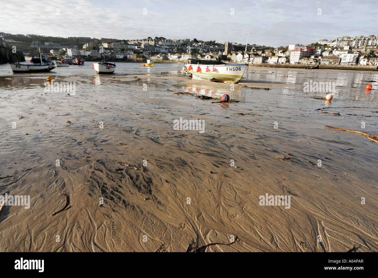 Low tide in St Ives harbour in Cornwall, south west England Stock Photo