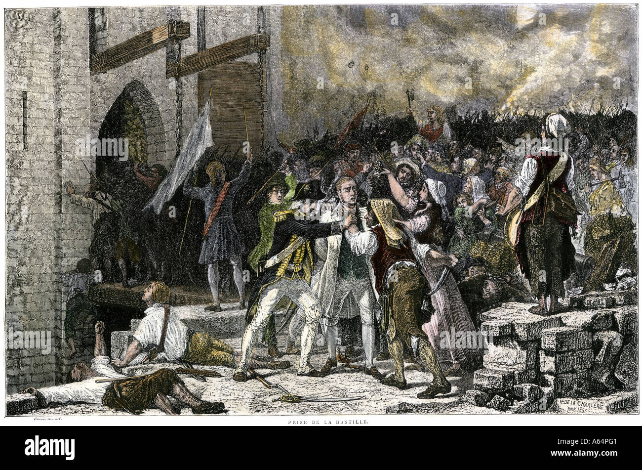 Parisians liberating prisoners after storming the Bastille during the French Revolution. Hand-colored woodcut Stock Photo