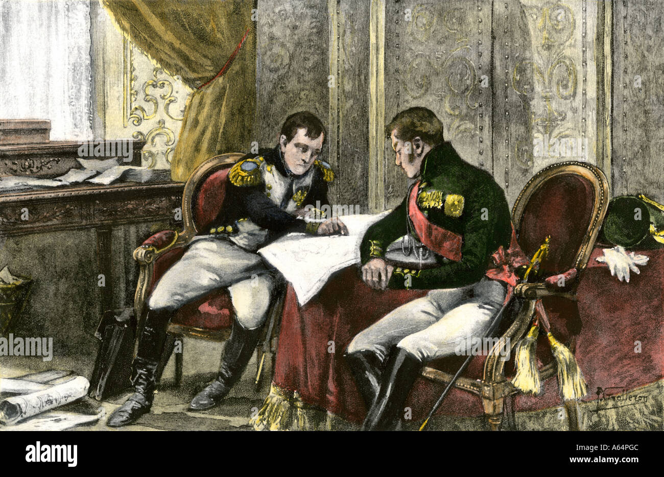 French Emperor Napoleon and Russian Tsar Alexander I discussing a treaty of alliance at Tilsit 1807. Hand-colored woodcut Stock Photo