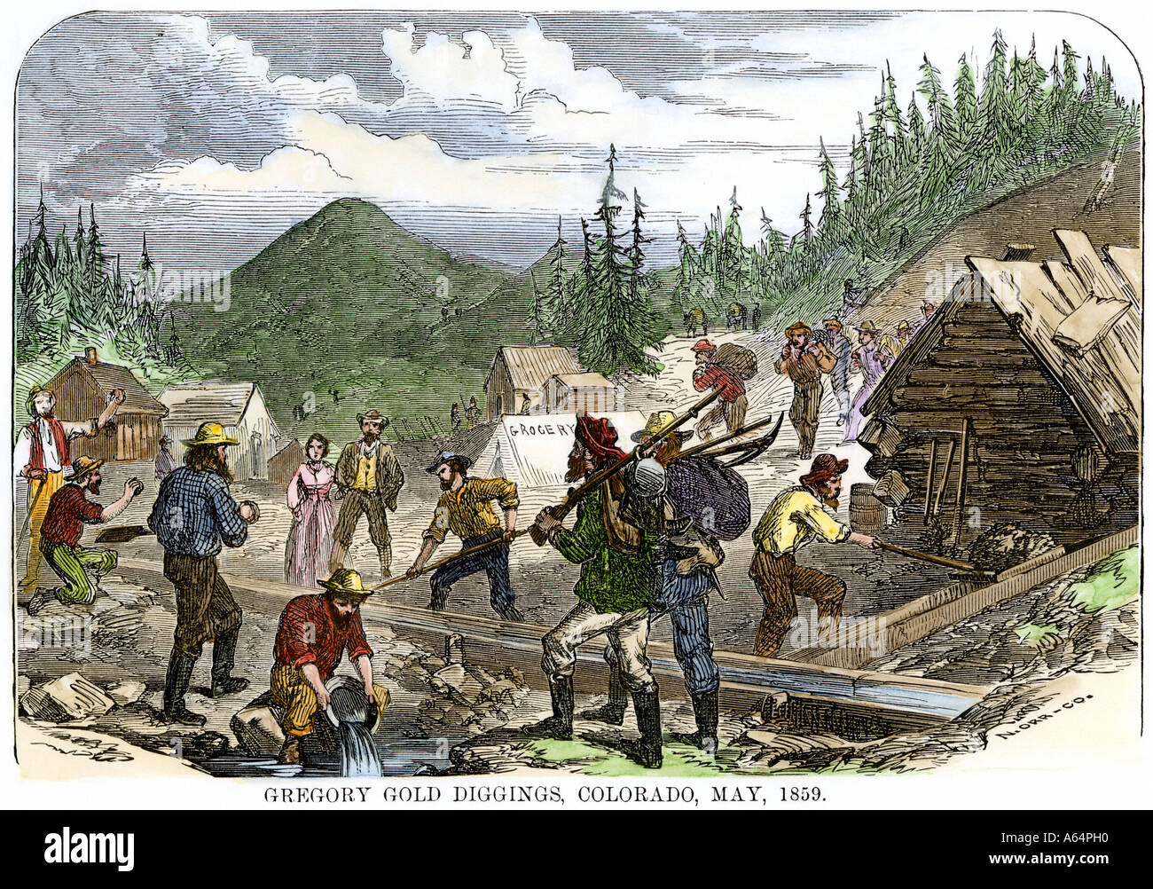 Prospectors working Gregory's gold diggings in the Colorado Rockies 1859. Hand-colored woodcut Stock Photo
