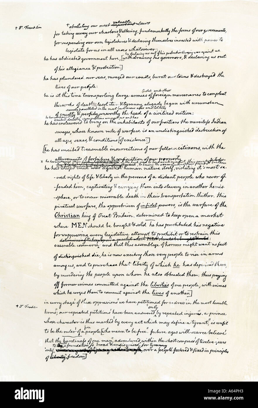 Draft of the  Declaration of Independence in the handwriting of Thomas Jefferson page 3. Woodcut with a watercolor wash Stock Photo