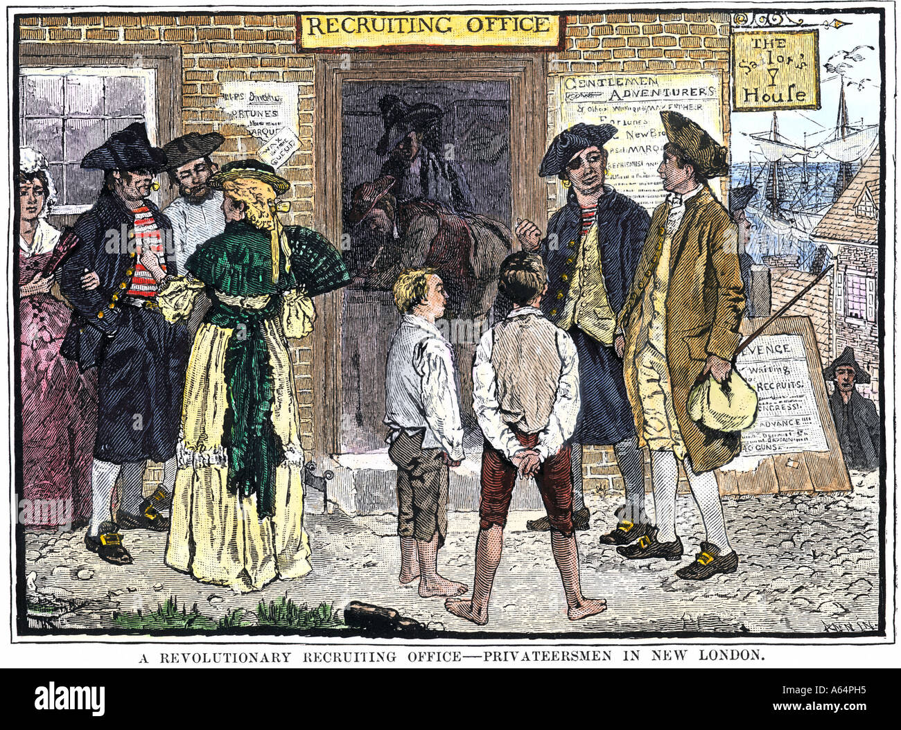Recruiting privateersmen to serve the American cause in the Revolutionary War in New London CT. Hand-colored woodcut of Howard Pyle illustration Stock Photo