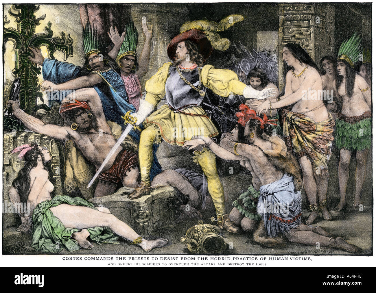 Hernando Cortes orders an end to the Aztec practice of human sacrifice after Spanish conquest of Mexico City. Hand-colored halftone of an illustration Stock Photo
