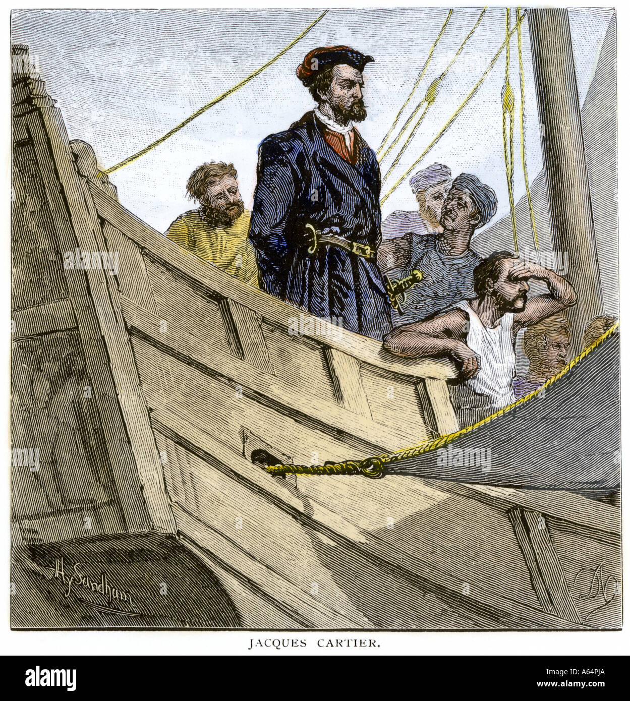 Jacques Cartier aboard ship arriving on the shore of Canada 1534. Hand-colored woodcut Stock Photo