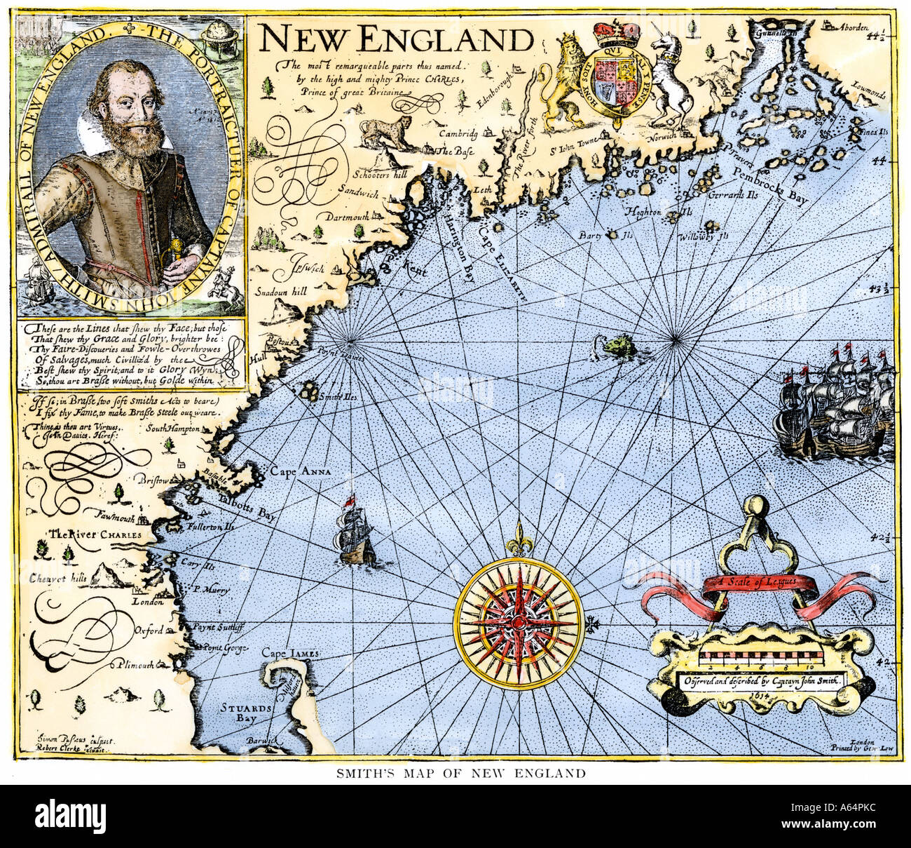 John Smith map of New England with inset portrait circa 1620. Hand-colored woodcut Stock Photo