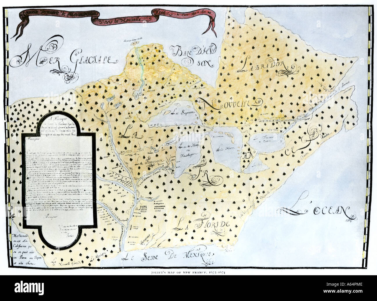 Louis Joliet map of New France 1673 1674 including the upper Mississippi River discovered with Jacques Marquette. Hand-colored halftone Stock Photo