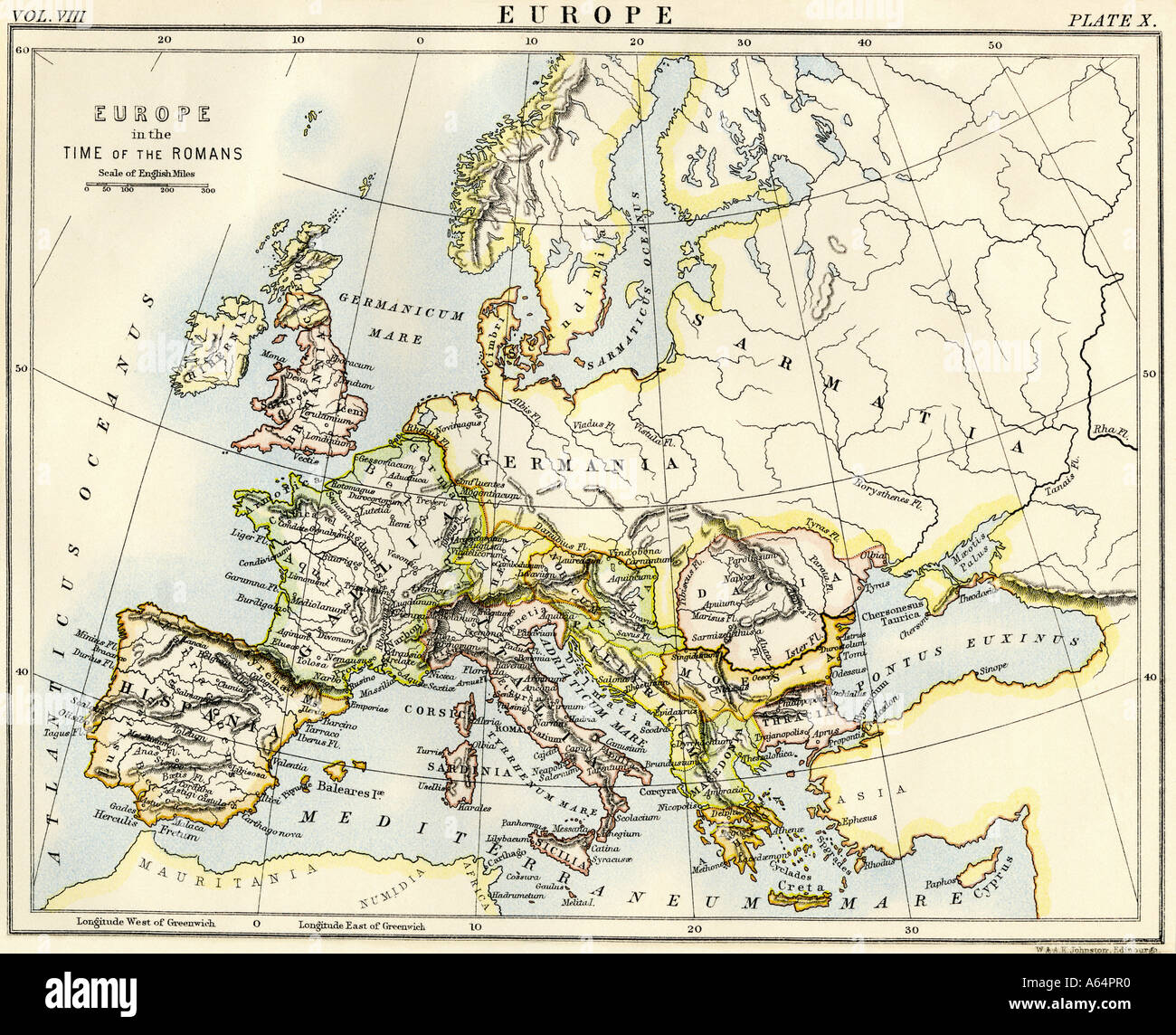 Map of Europe in the time of the Roman Empire. Color lithograph Stock Photo