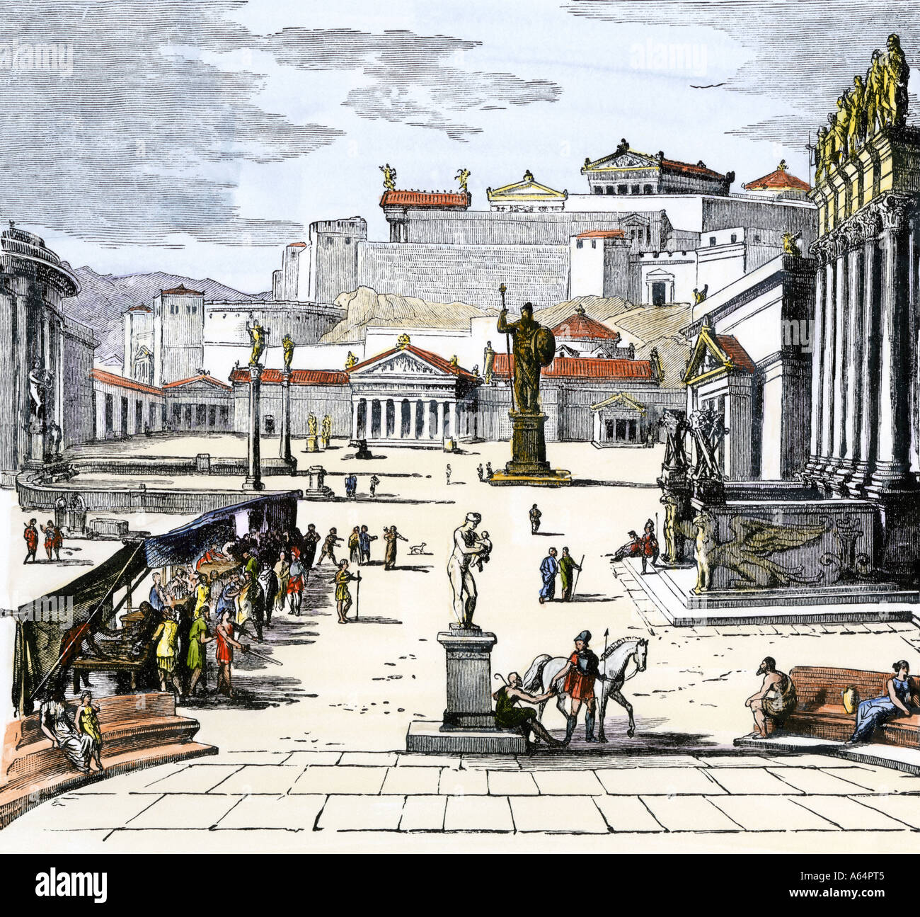 Market place of ancient Greek city-state of Sparta. Hand-colored woodcut Stock Photo